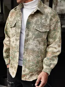 Retro Daisy Jacquard Floral Fabric Jacket for Men, Spring Autumn Outdoor Streetwear, Trendy Athletic Casual Fitted Coat