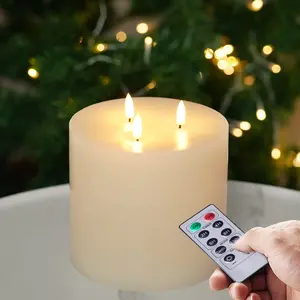 6"x6" Extra Large Flameless Candles with 3 Wicks, Battery Operated Candles with Remote Control and Timers, 6 inch Diameter LED Pillar Candles, Real Wax, Ivory