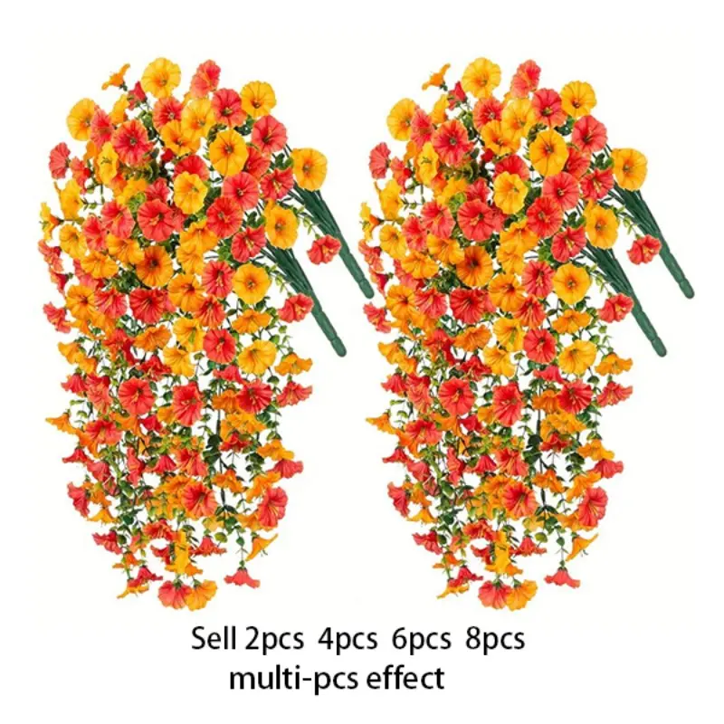 Simulation hanging morning glory and eucalyptus leaf Decorative flowers, Outdoor Fake Flowers, Faux flower decoration, orange-yellow blossoms, UV-resistant indoor and outdoor decoration, suitable for weddings and outdoor spaces, maintenance-free decor