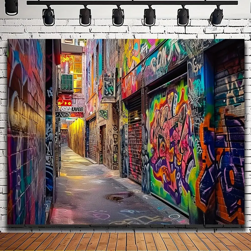 1pc Graffiti Street Art Print Throw - Soft Texture, Colorful Alley Background, 2D Flat Banner Graphic Artwork, Punk Rock Concert Decoration, Artistic Room Wall Accent, Portrait Studio Use, No Electricity Needed, Concept Art Style Soft Furnishing, Prints
