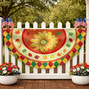 250th Anniversary of the United States polyester semi-circular fence banner featuring flowers, leaves, and a checkered border (1776–2026); patriotic gift for the anniversary, Independence Day decoration in the United States