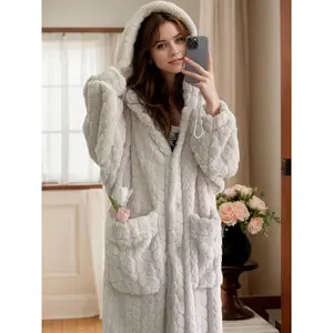 Cozy Coral Fleece Hooded Robe for Women - Long, Warm & Soft Lounge Dress with Pockets, Machine Washable - Perfect for Fall/Winter Casual Soft Blanket Cozy Throw Blanket