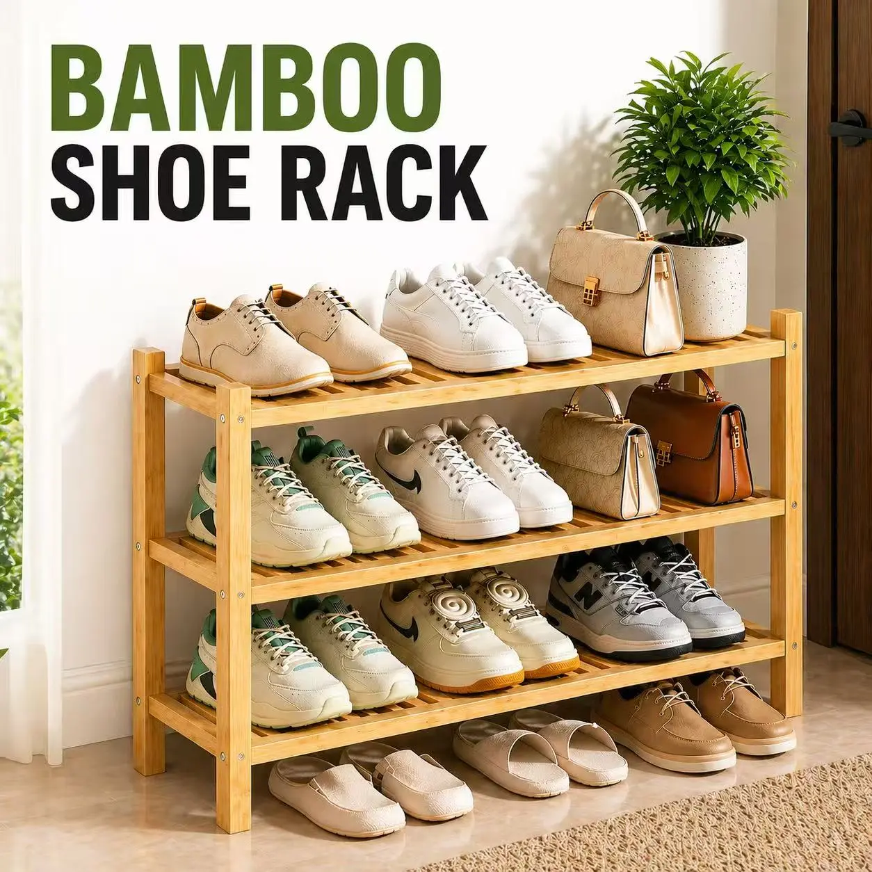 Bamboo Shoe Rack Organizer, 2-3 Tier Foldable Stackable Shelf with Sturdy Base, Durable Space-Saving Unit for Closet Entryway, Holds 6-9 Pairs, Assembly Required, Brown – 2 Tier