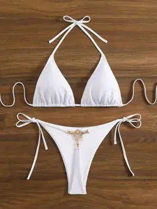 Women's High Elasticity Plus Size Self Tie Bikini Set, Sexy Thong Panties with Side Straps, Slim-Fitting Swimwear, Plain Pattern