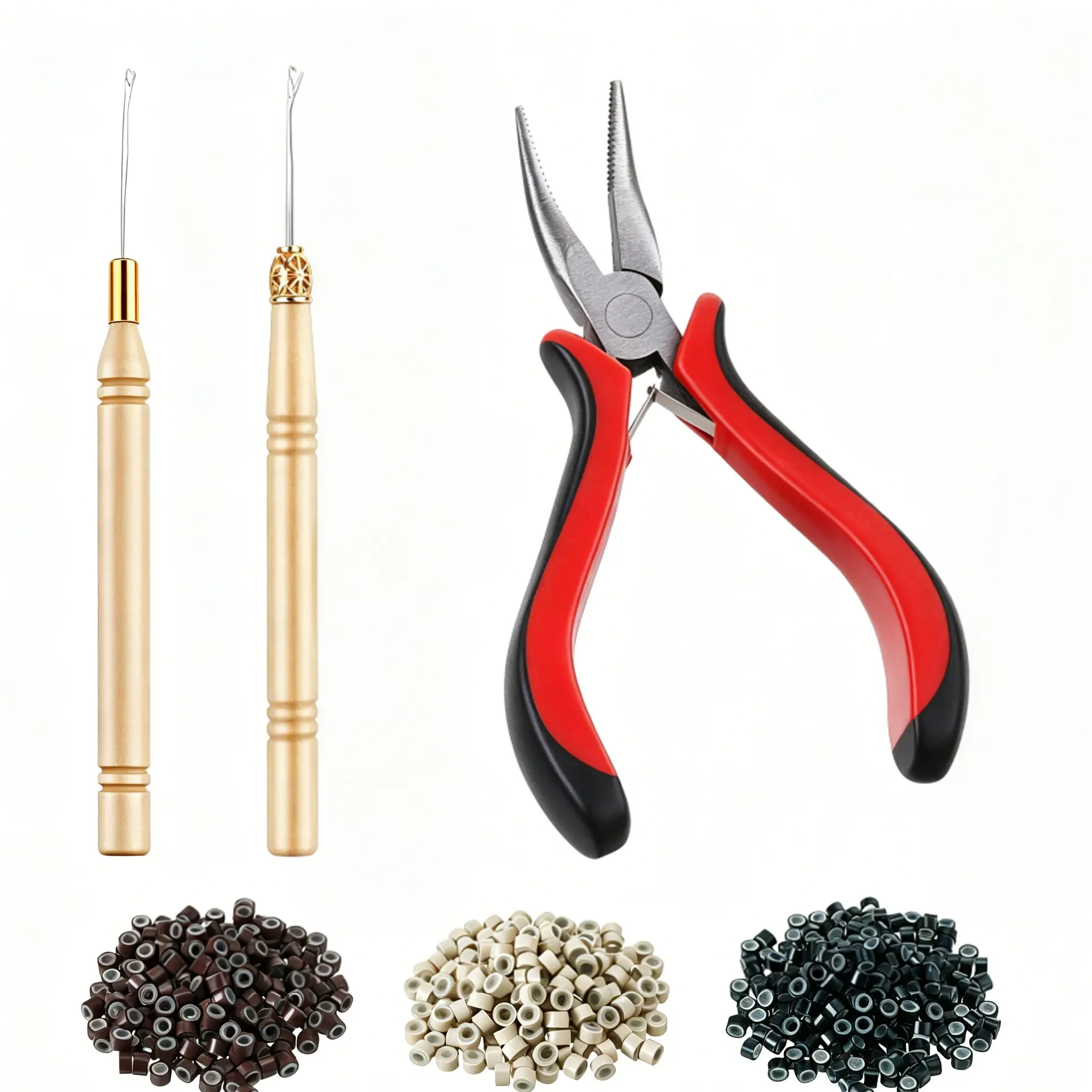 Barbershop 4-Piece Festive & Party Hair Extension Kit - 600 Silicone Micro Rings (3 Colors: Black, Gold, Brown), Easy-to-Hold Pliers, Hooks, Needles, Curved Head Sewing Bead Tool, Anti-Slip Grip, Practical Design, Comfortable, Fits Most Hair Styles