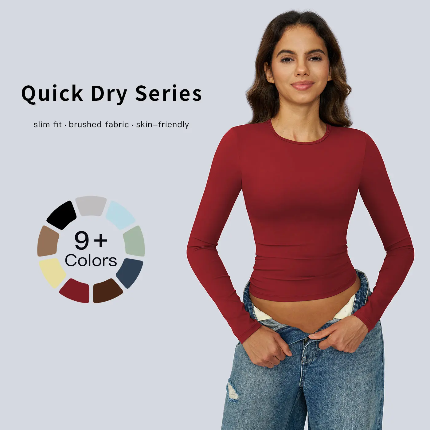 Women's Long Sleeve Stretch Nylon Top, Solid Crew Neck for Indoor-Outdoor Workouts, Quick-Dry Athletic Fashion Activewear, Long Sleeve Tops, Workout Clothes Women, Polyamide