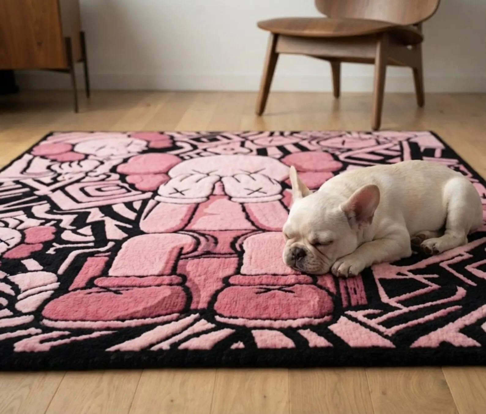 Baby Pink KAWS Hand-Tufted Wool Area Rug, Abstract Pop Art Decor, Luxury Hypebeast Household Textile