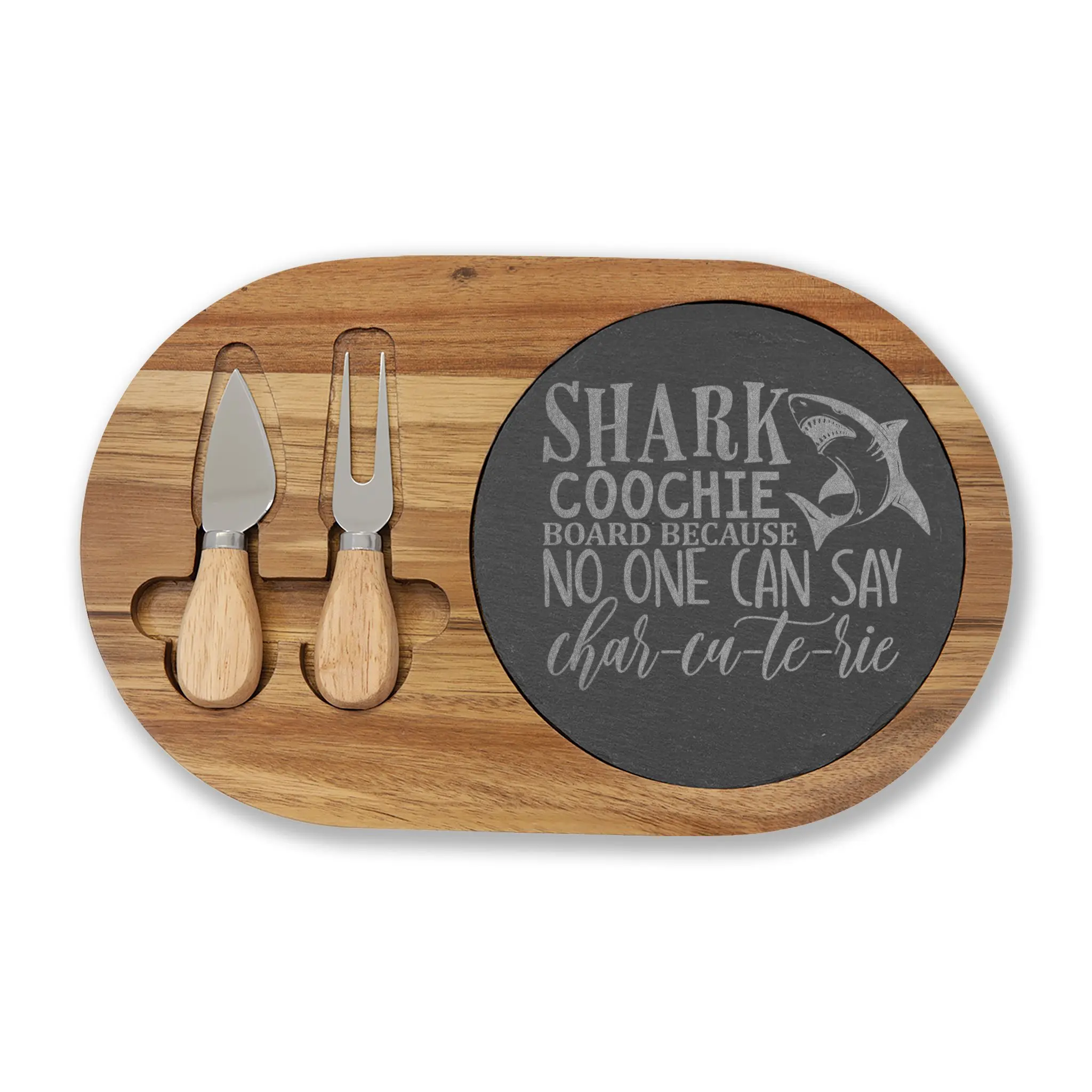 Shark Coochie Charcuterie Board engraved wooden cheese serving board