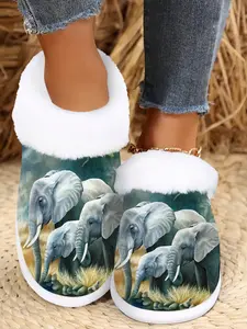 Women's Cozy Elephant Print Slip-On, Soft Fabric Lining, Non-Slip Rubber Sole, All-Season Comfort, Casual Wear, Fluffy House Slippers