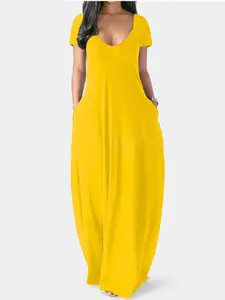 Women's Casual Simple Loose Fit Long Dress with Pockets, Short Sleeve Summer Dress, Casual Fashion Dresses, Casual Dress Style, Comfortable and Stylish Clothing for Daily Wear, Everyday, Lady