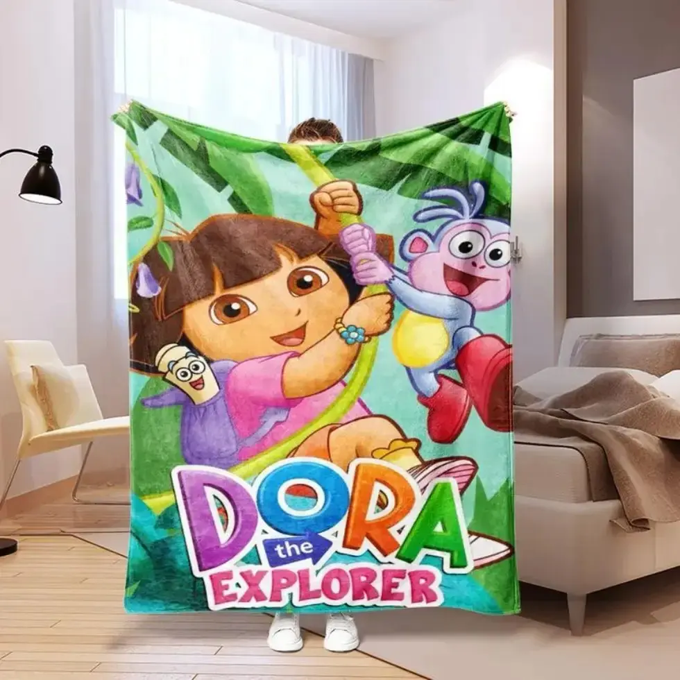 D-ora the Explorer Cartoon Pattern Blanket - Soft Cozy Fleece Throw, Skin-Friendly Hypoallergenic Fabric for Kids, Home Goods Bedding for Sofa/Bed, All-Season Machine-Wash Easy Halloween/Christmas Gift