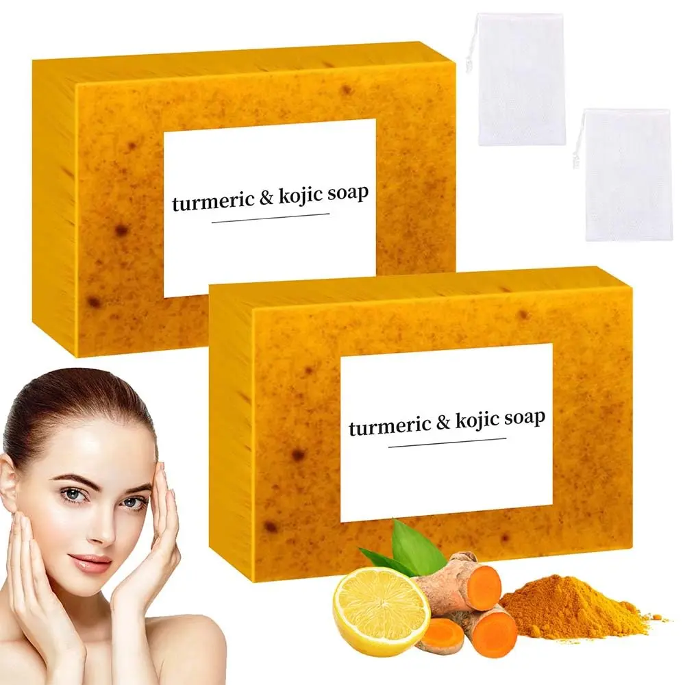2PCS Lemon Turmeric Kojic Soap,Natural Handmade Soap,Turmeric Soap Bar for Face and Body, Smooth Skin Tumeric Soaps,Deep Cleansing Soap for Men & Women