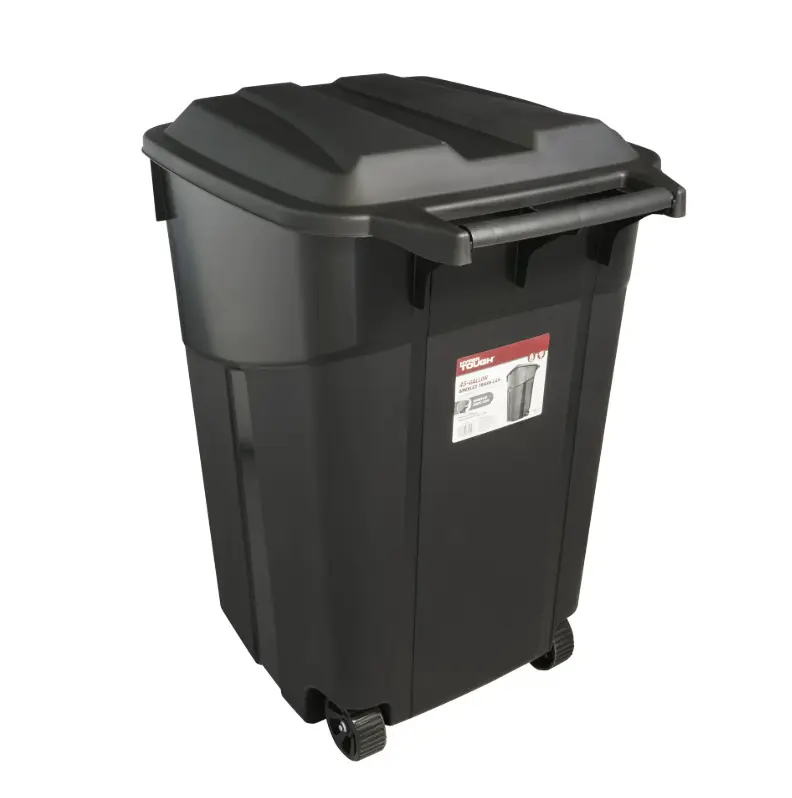 Hyper Tough 45 Gallon Wheeled Heavy Duty Plastic Garbage Can, Attached Lid, Black