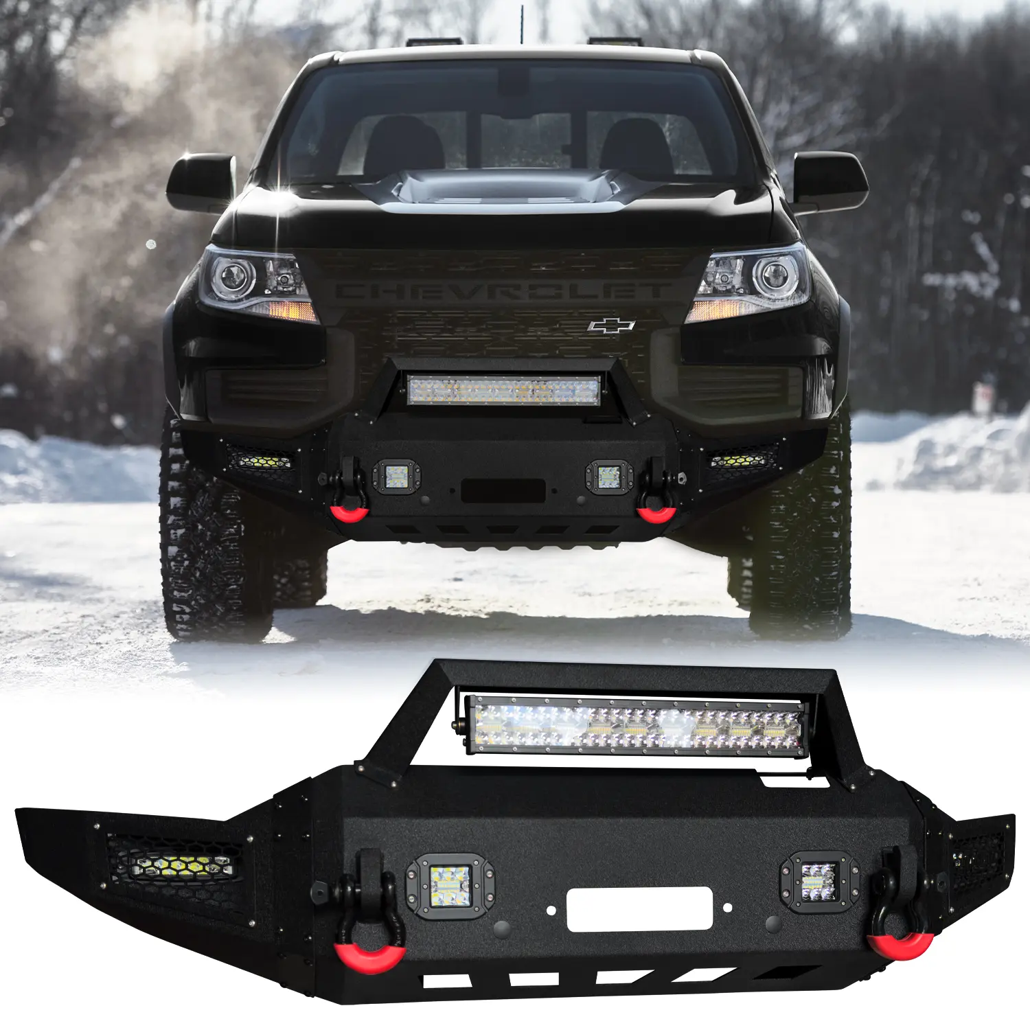 Vijay Durable and Strong Black Texture Metal Front Bumper - Custom Fit for 2021-2022 CHEVY ZR2 COLORADO, with Winch Plate, 2 D-Rings, LED Lights, Low-Light Visibility, Enhanced Towing, Off-Road Performance Boost, Simple Screw Installation