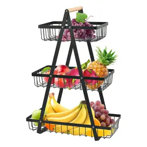 3 tiers of fruit basket, 1 metal grid storage basket with wooden handle, fruit bread snacks, vegetable food rack, kitchen accessories, summer gifts, kitchen gadgets