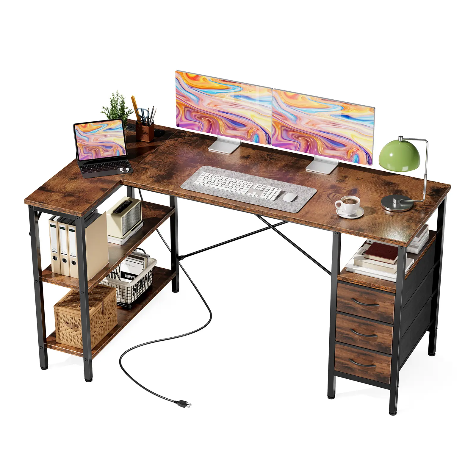 47-Inch Brown L-Shaped Corner Gaming Desk – Composite Wood, Modern Style, Dual-Monitor Ready, Multi-Drawer, Built-In Power Outlet, Adjustable Shelves, Home Office Study Table for Bedroom Use, Dual-Monitor Desks, Modern Style Desks