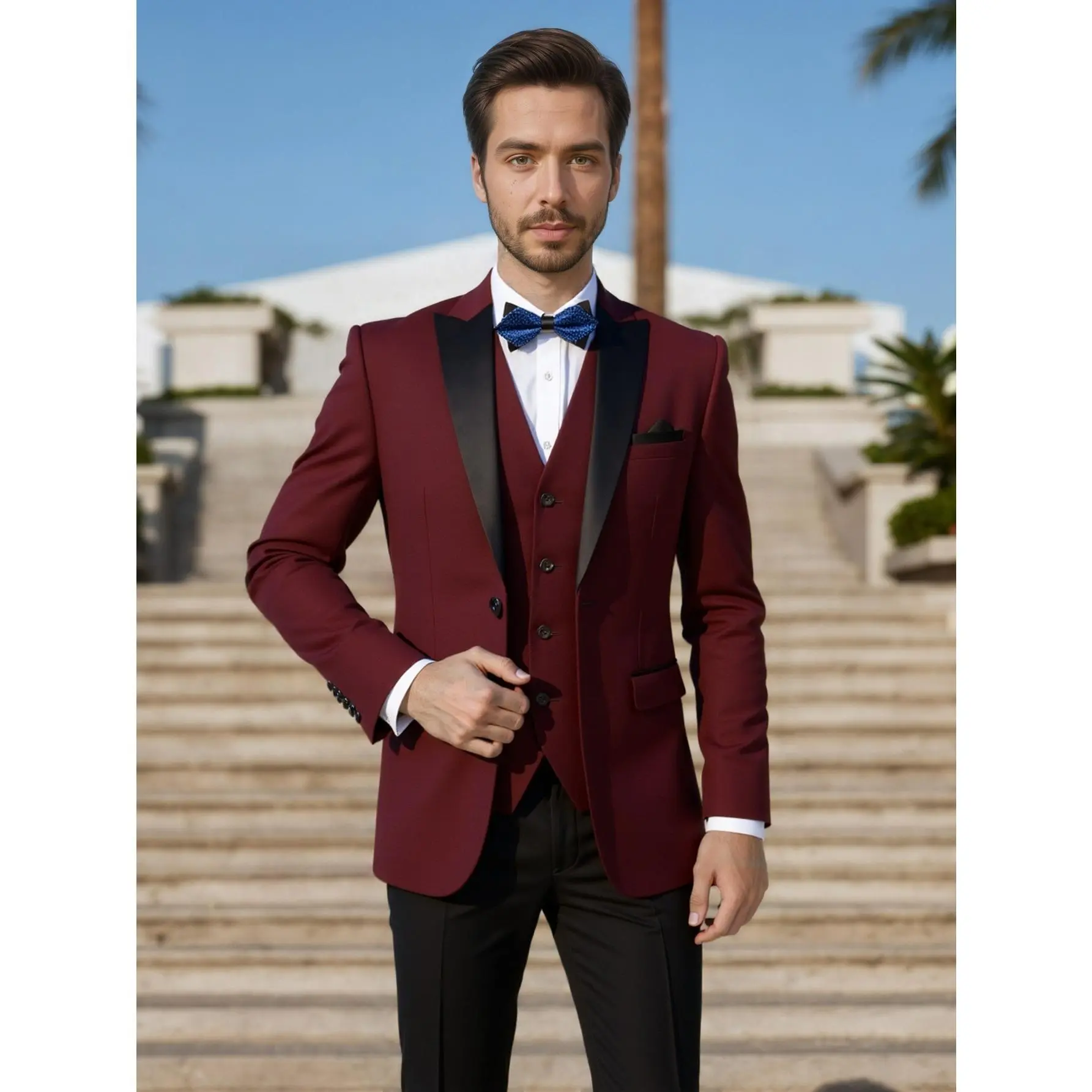 Men's Black 3-Piece Polyester Blend Suit Set, Slim Fit Peaked Lapel Ready to Wear Formalwear for Weddings & Proms, Pocket, Blazer, Long Sleeve, Fancy, Classic, Fitted, Solid