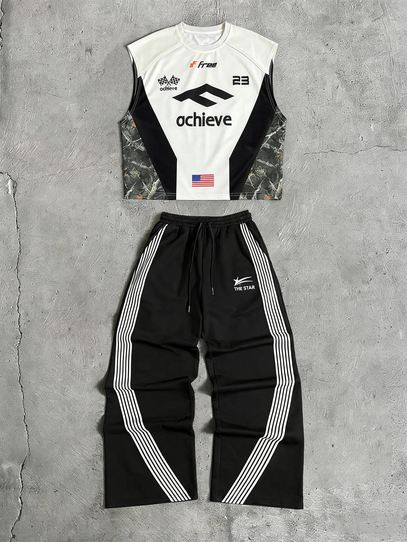 Camouflage Sleeveless Shirt & Matching Joggers Set, 2-Piece Streetwear Tracksuit Set with Motivating “Achieve” Print, For Men's Casual & Gym Outfits, Athleisure Wear, Athleisure Summer Clothes