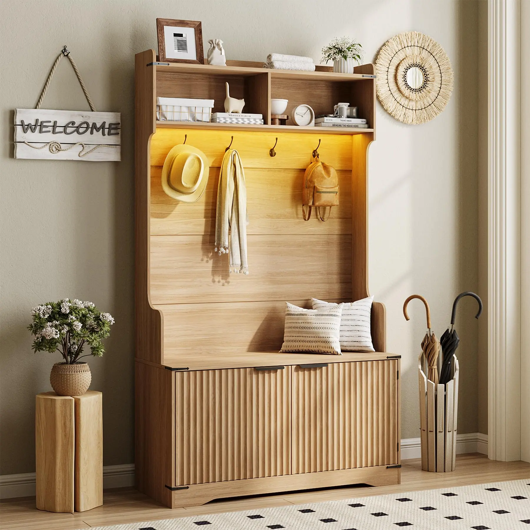 [Summergarden] Vabches 67-in Wooden Entryway Coat and Shoe Rack, 5-in-1 Hall Tree with Seat Stool, Shoe Storage, Adjustable LED Sensor Light, Hooks for Hallway, Mudroom
