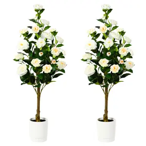 SHareconn 2-Pack 3/4FT Artificial Camellia Trees with Blooming Flowers, Lifelike Faux Plants for Indoor Outdoor Home Porch Decor, No Maintenance Needed