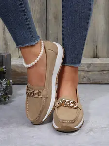 Women's Summer Chain Decorated Low Top Round Toe Slip on Shoes, 2025 Casual Comfortable Soft Sole Low Top Shoes for Women Outdoor, Girl's Walking Shoes, Fall Casual Footwear , Fall Outfits, Fall Freshness 2025 Fall Shoes, Comfortable Shoes