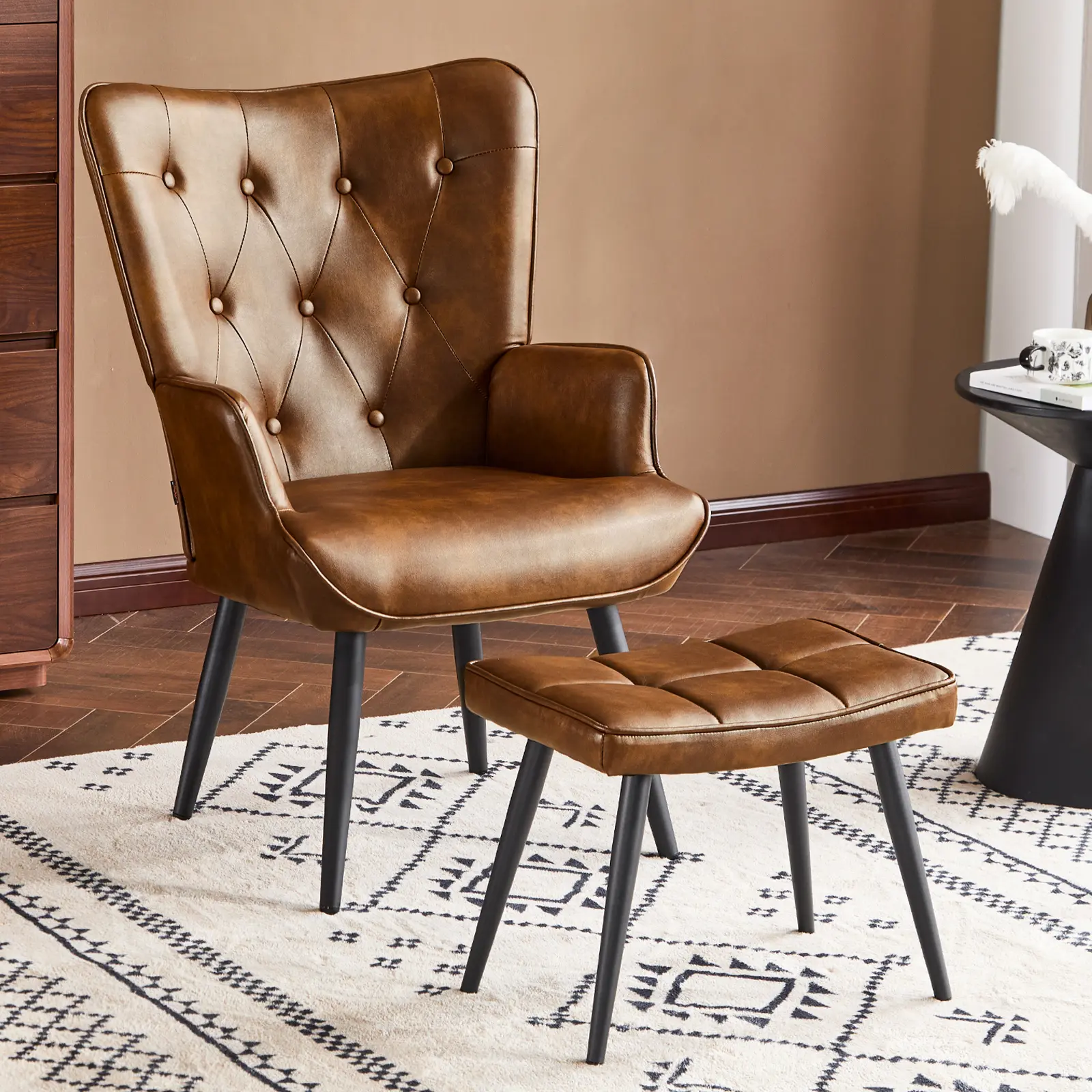 PU/Velvet Leather Tufted Button Wingback Chair with Ottoman, High Backrest Upholstered Accent Reading Armchair for Bedroom, Dressing Room and Home Office