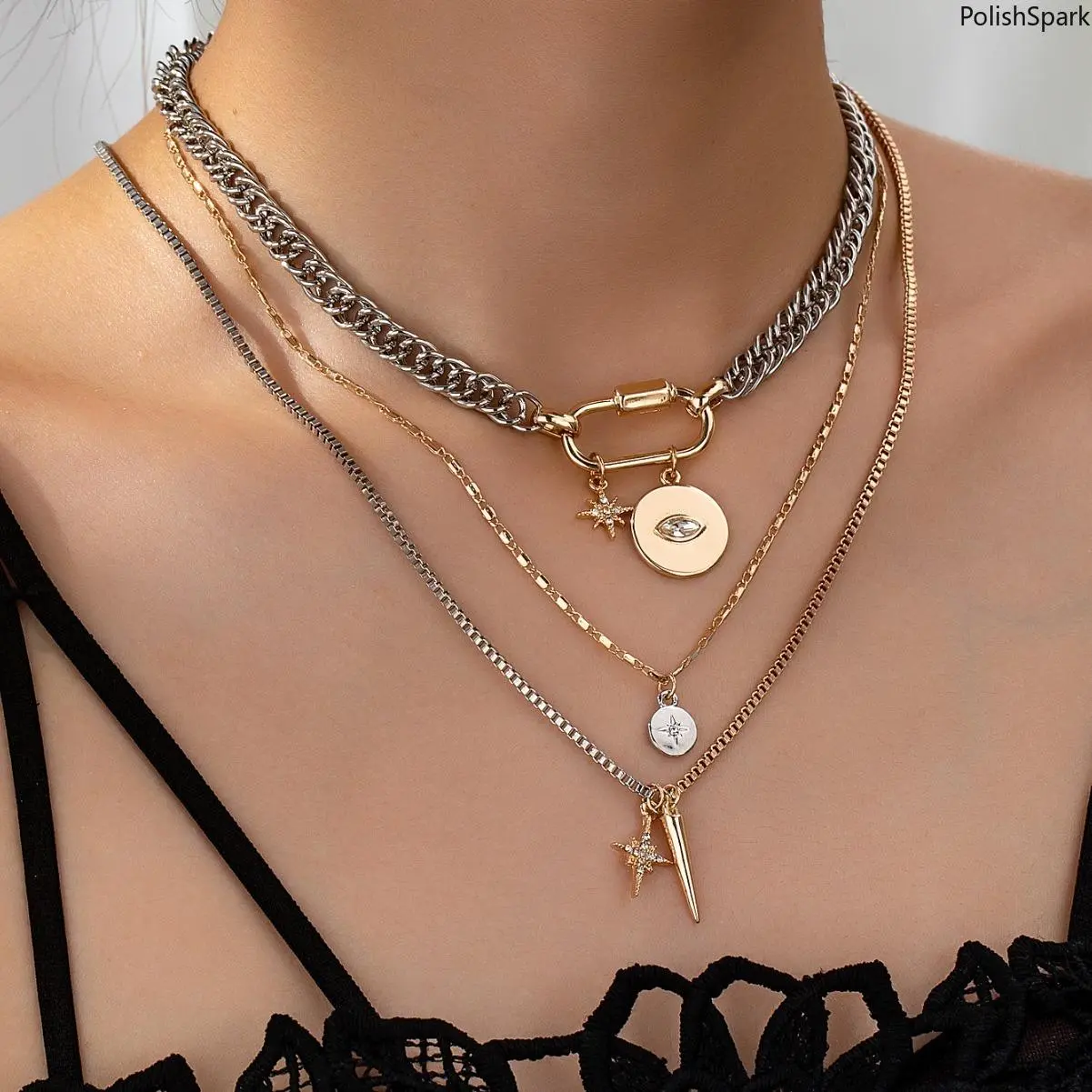 Adjustable Edgy Layered Stackable Choker Set - Mixed Metal 3-Tier Decorative Necklace, Rhinestone Crystal Pendant, Trendy Charms Necklace, Rhinestone Crystal Necklace