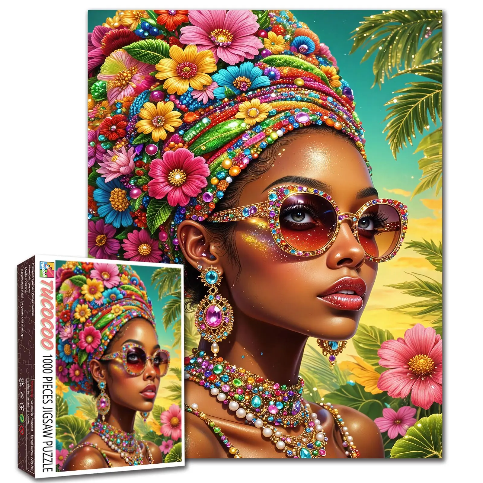 Tucocoo 1000-Piece Tropical Floral Portrait Jigsaw Puzzle - Recycled, Colorful Art with Flowers & Jewels, Indoor Fun, Family Game, Stress Relief, Brain Challenge, Wall Decor, Ideal Gift for Adults, 27.5x20in (70x50cm)