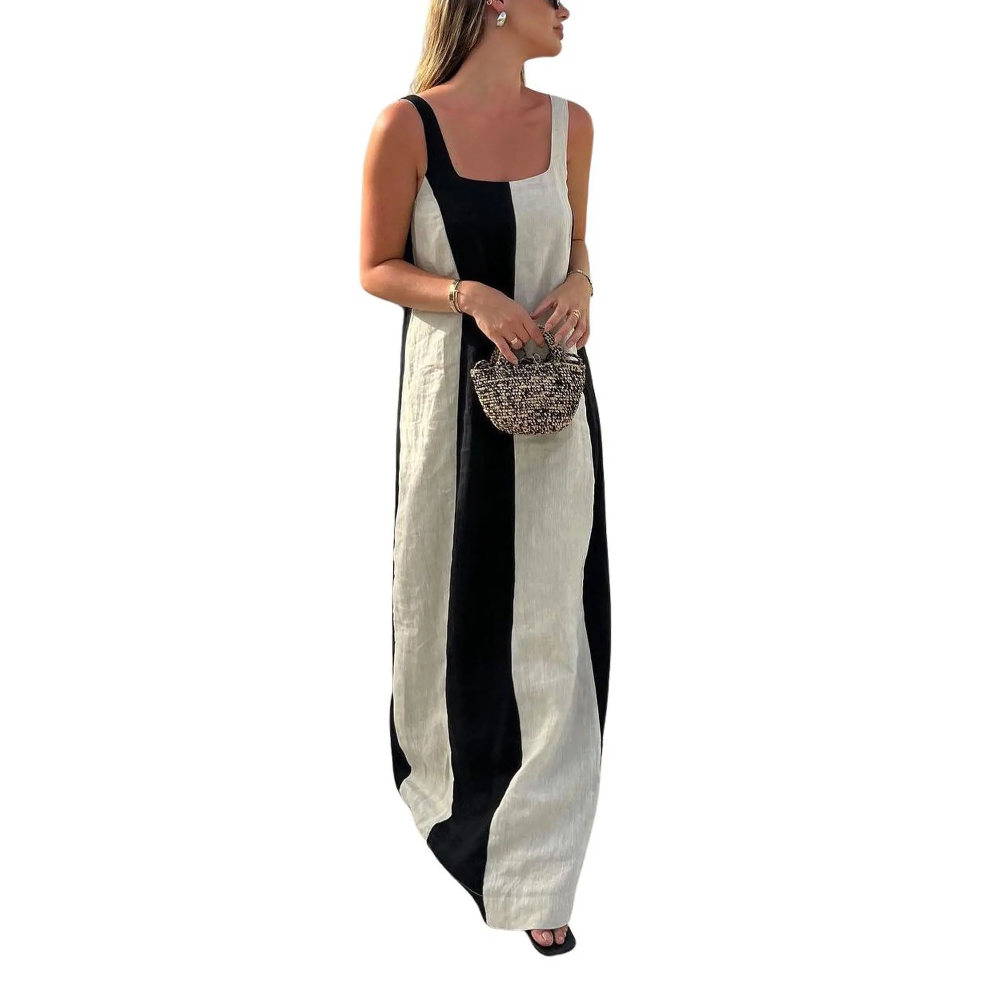 CHARTOU Women Summer Sleeveless Linen Dress Contrast Color Maxi Long Beach Vacation Tank Dress Cotton Linen Casual Dress