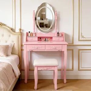 Pink Princess Vanity Desk Set with Mirror & Cushioned Stool,Light Modes,4-Drawer Wooden Makeup Vanity Table for Girls' Bedroom, Dressing Table with Ample Storage