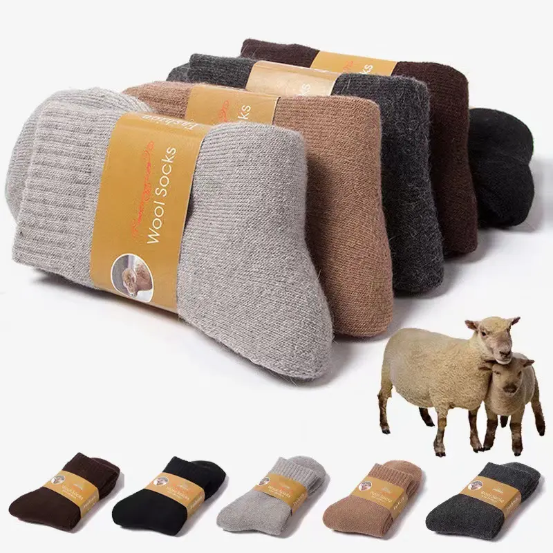 Men's 5-Pack Wool Socks Fall Winter Thickened Solid Color Terry Lined Thermal Mid-Calf to Crew Length Casual Long Socks for Cold Weather
