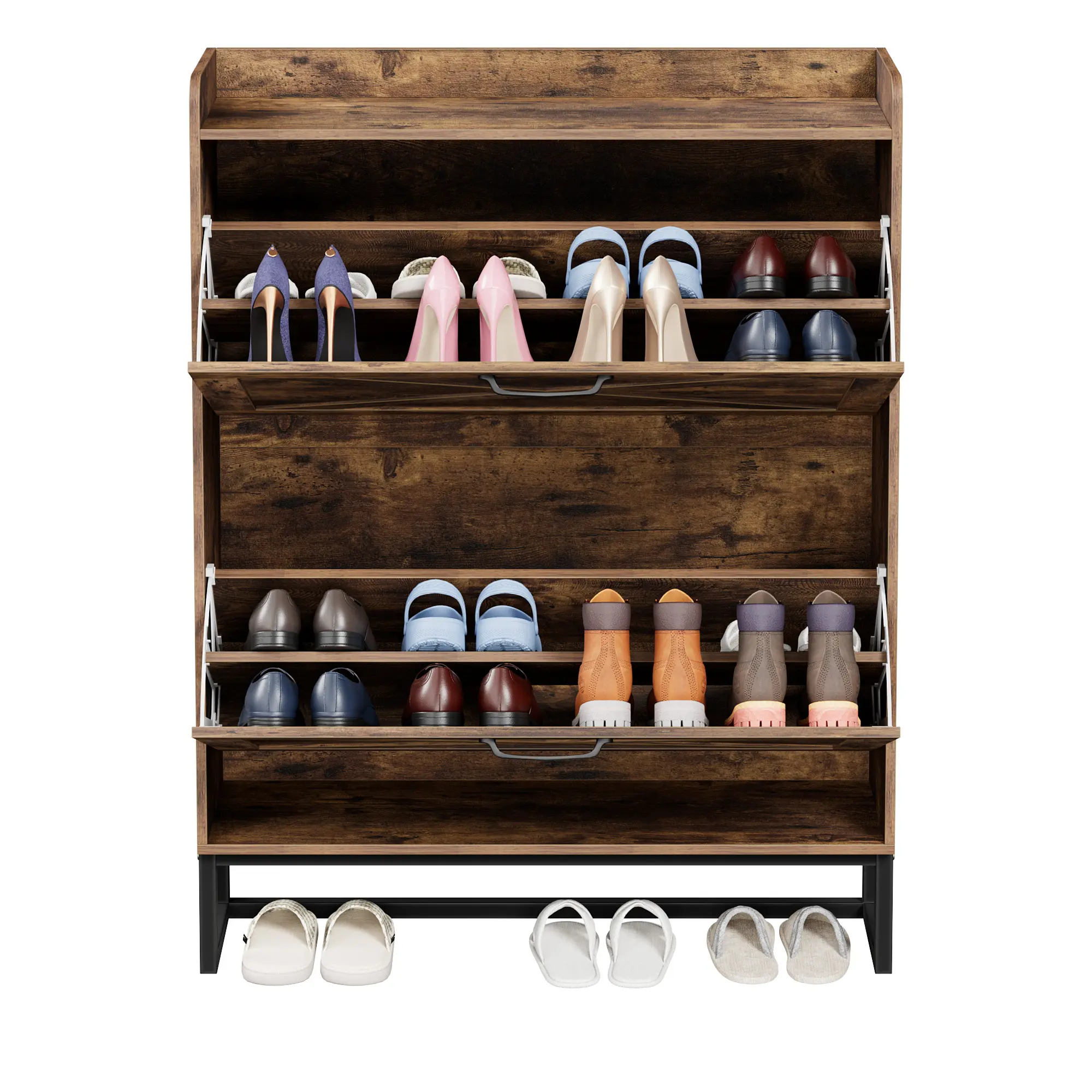 Segawe Narrow Rustic Brown MDF Wood Shoe Cabinet - Metal Legs, 2 Flip Drawers, Shelf, Shoe Rack Organizer, Smooth Adjustable Unit for Indoor Storage & Display