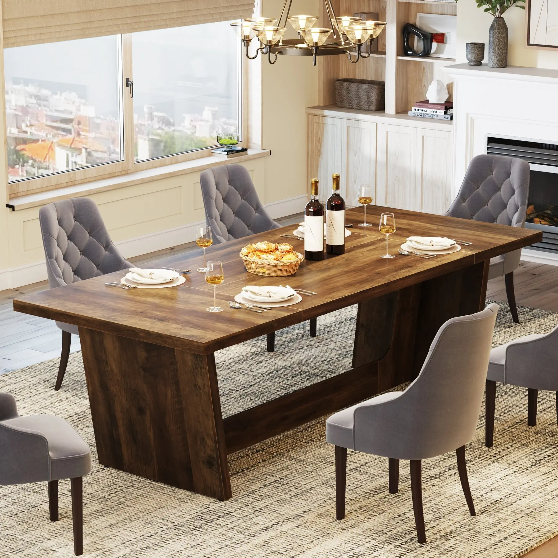 Spaco Rustic Solid Wood Dining Table - 70.87in Rectangle Farmhouse Furniture with Pedestal Base, Warm Woodgrain Design, Farmhouse Charm for 6-8 People, Big Families' Dining Room Desk