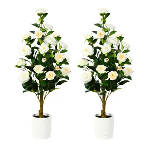 2026 2 Pack 3/4 Ft Artificial Camellia Trees with 16 White Flowers and Pots, Ideal Christmas Gifts for Home, Porch, Office or Outdoor Decor