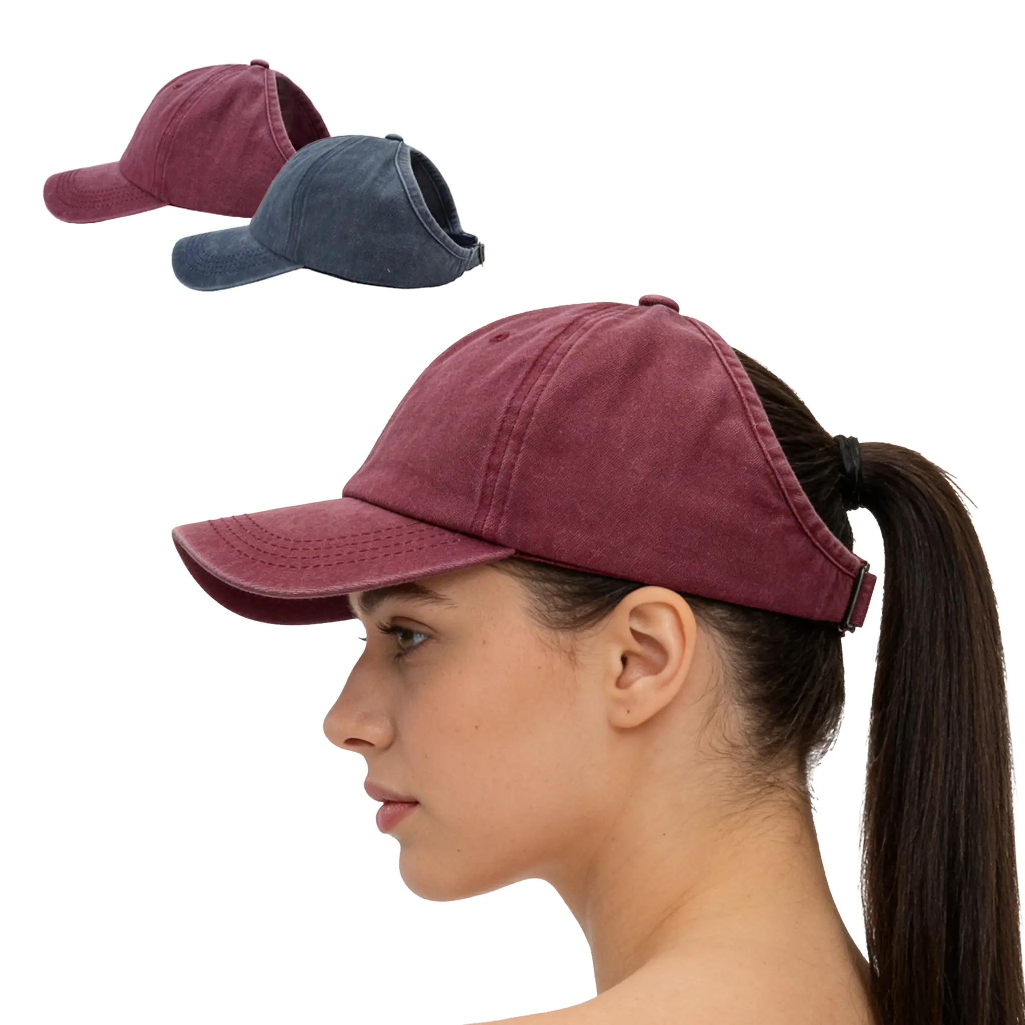 Vintage washed half-top baseball cap, can tie high ponytail, casual sports sunshade, breathable duckbill cap