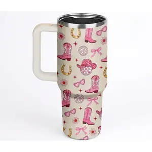 Aesthetic Pink Cowboy Boots 40oz Tumbler with Handle, Coquette Bows & Floral Western Pattern Insulated Water Bottle,  Mother's Day Birthday Gift for Women,Trendy Birthday Gift for Her, Cowgirl Vibe Travel Mug