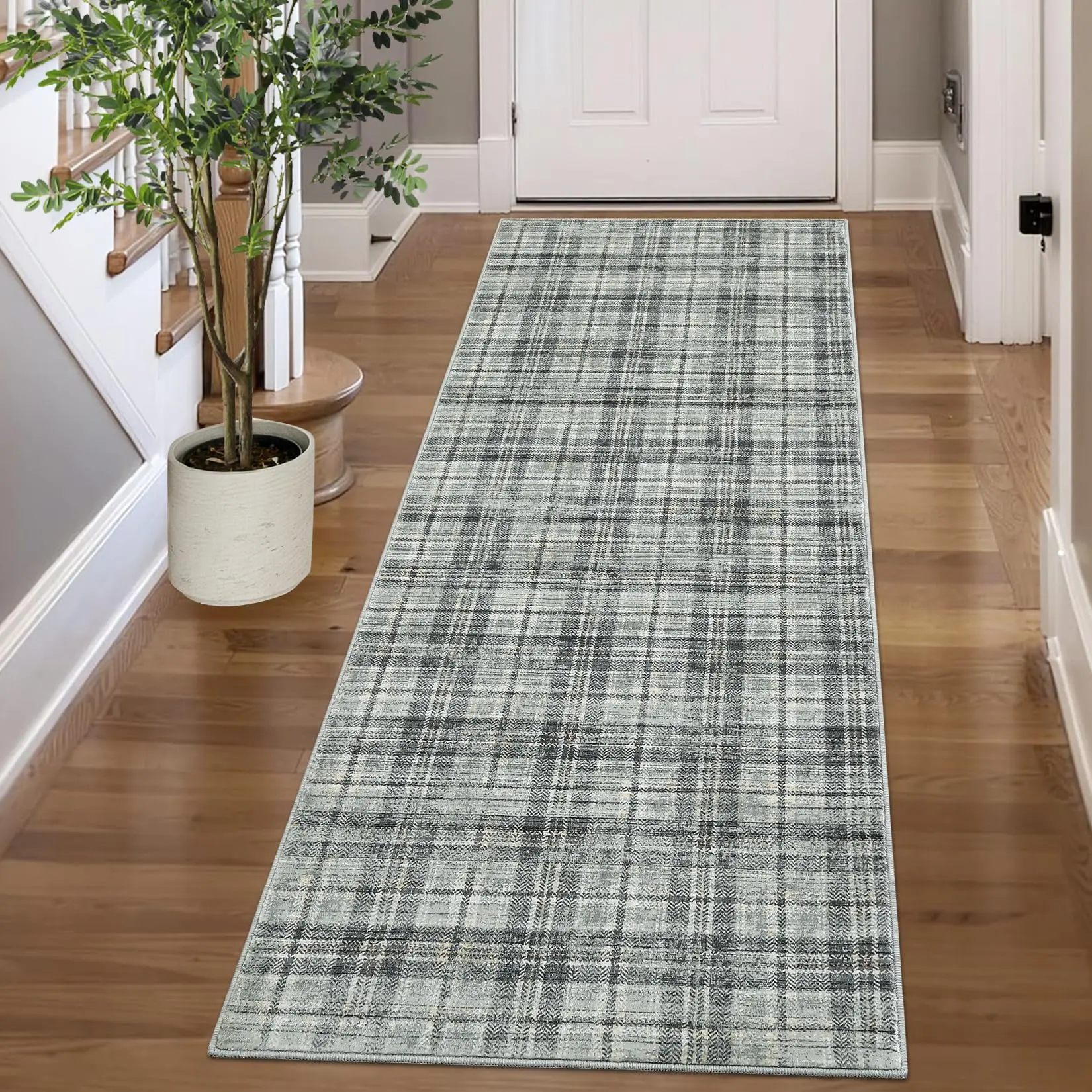 Washable Kitchen Runner Rug 2x10 Plaid Runner for Hallway Non Slip Soft Bathroom Throw Mat Tartan Farmhouse Low Pile Carpet Runner for Laundry Entryway Bedroom 2'x10' Green