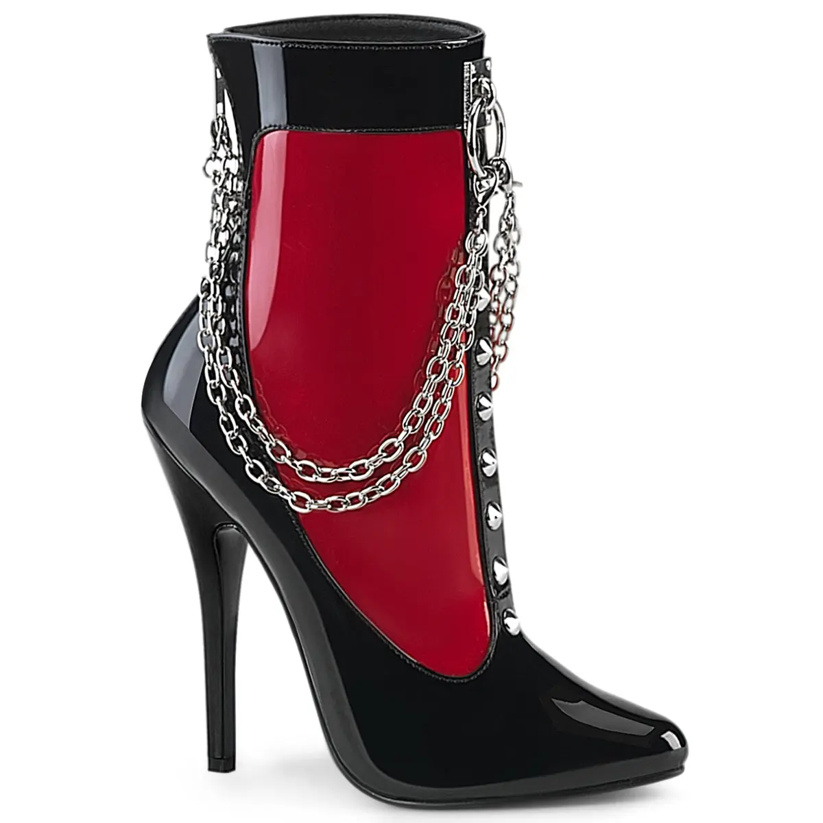 Women's Contrast Patent Leather Ankle Boots - 5.5 in Stiletto Heel, Metal O-Ring Knocker, Hanging Chain, Stud Details, Zip Closure, Ankle Length Footwear for Any Occasion