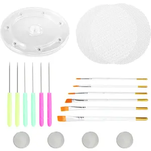 19 Pcs Cookie Decoration Set Including 1 Acrylic Cookie Turntable,6 Cookie Carving Needles,2 Silicone Mesh Pads,6 Cookie Decoration Brushes,and 4 Rubber Foot Bumpers,Hand Tools Kits