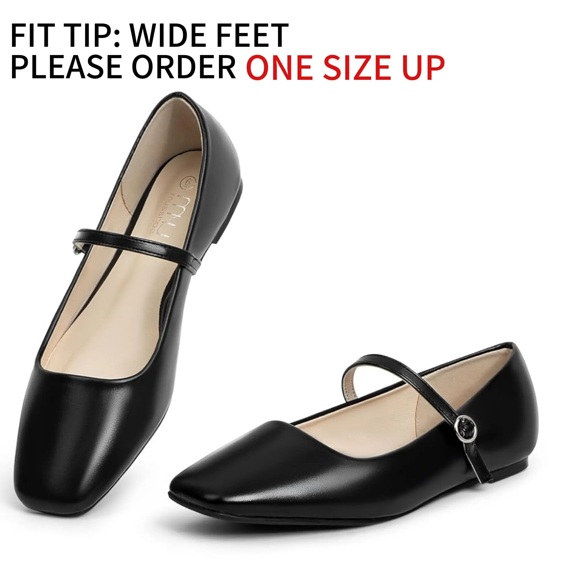 MUSSHOE Women’s Classic Chic Black-PU Mary Jane Flats - Square Toe Smooth Footwear with Adjustable Buckle Design, Slip-Resistant Dress Shoes for Work Office, Mary Janes
