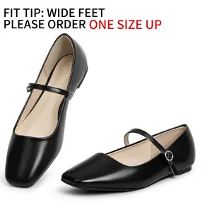 MUSSHOE Square Toe Mary Jane Flats with Adjustable Strap and Comfy Insole