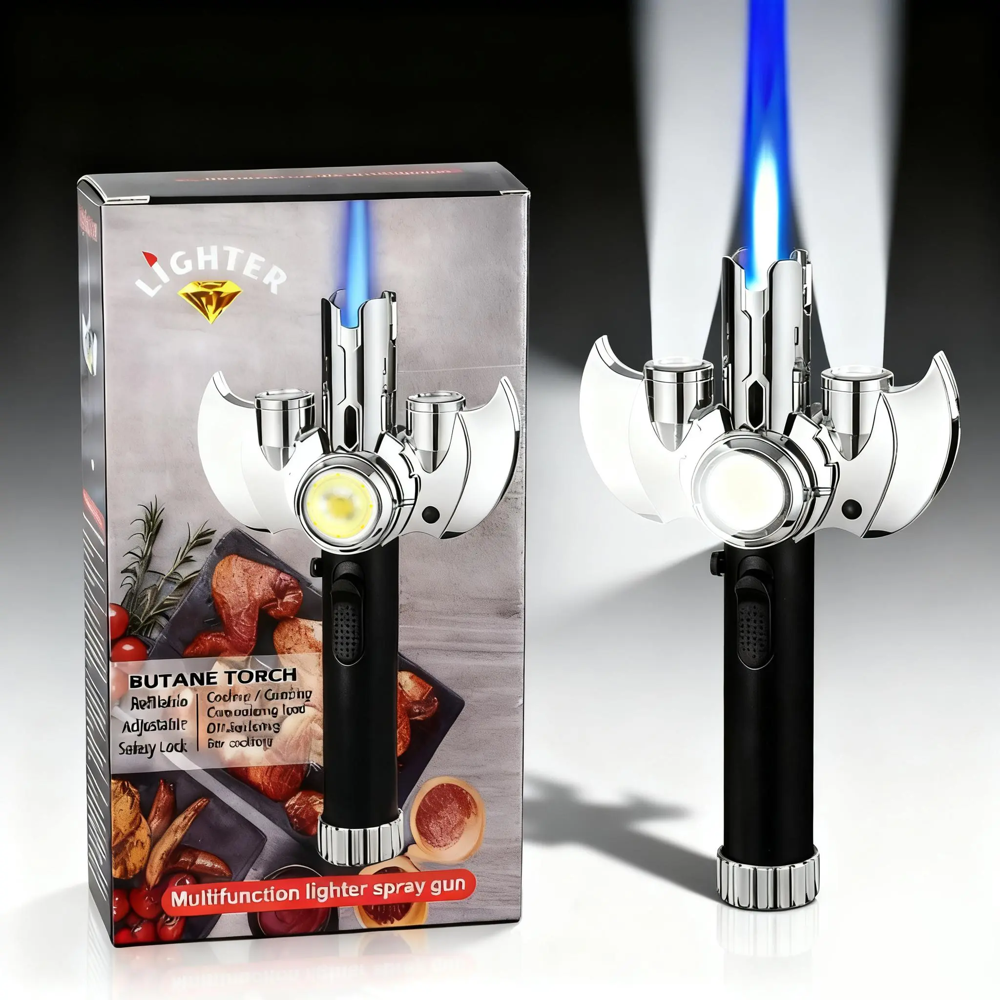 High-Power Aluminium Metal Torch Flame Lighter, Super Strong Windproof Butane Gas Jet Torch with Cob Lighting, Multi-Purpose for Barbecue, Camping (Without Butane Gas/No Battery)