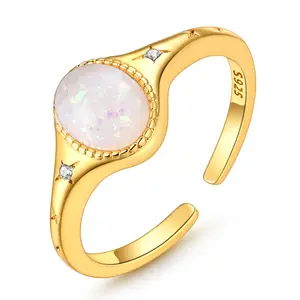 MULA S925 sterling silver gold-plated imitation opal ring, starburst geometric open ring, cubic zirconia North Star signet ring, October birthstone jewelry, a gift for a girl.