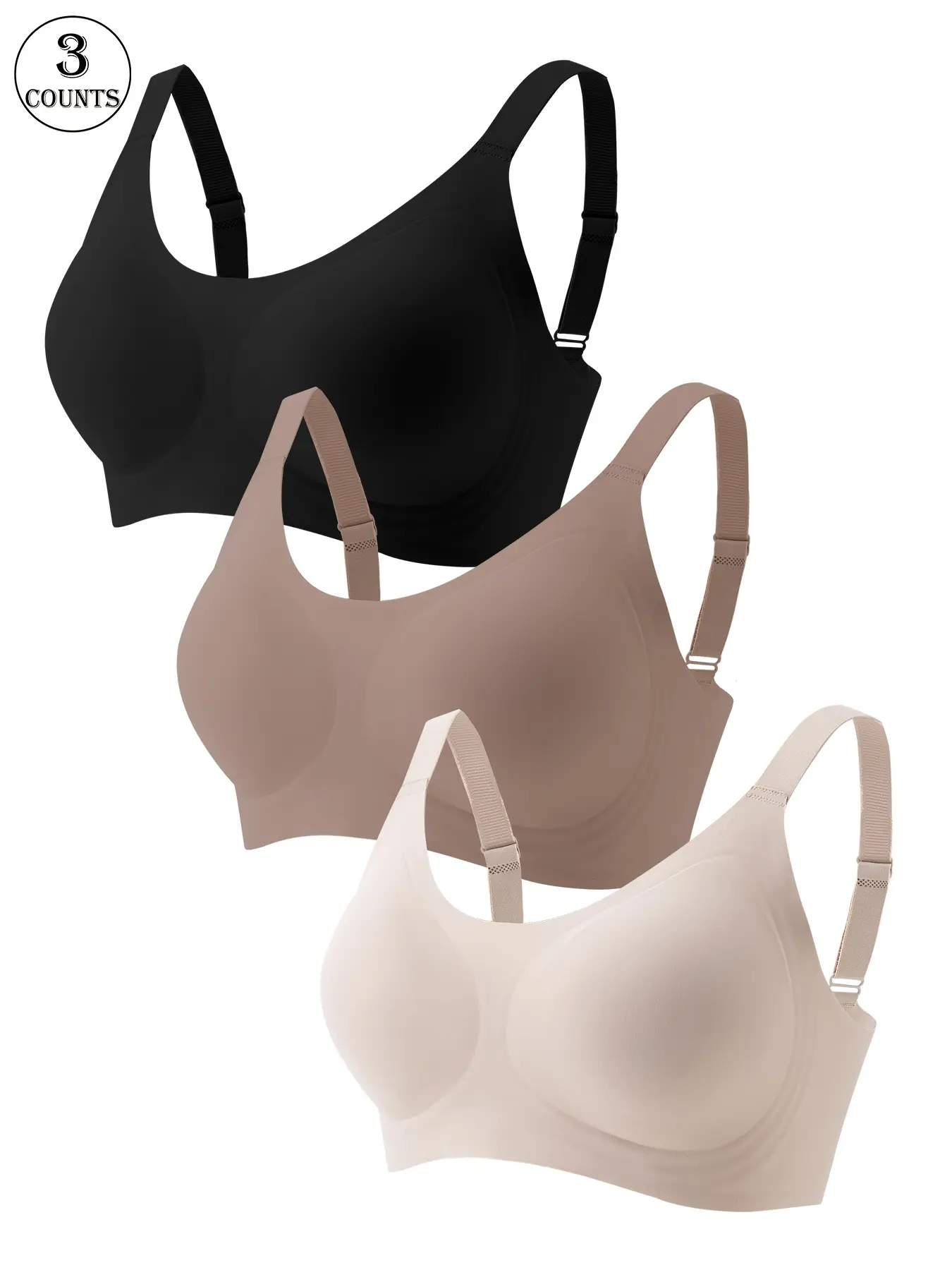 3 piece set of seamless women's bras, Wireless bra, Everyday bra, with adjustable straps, jelly cooling sensation, wire-free support for a gathered back, comfortable, breathable, soft against the skin, suitable for daily casual wear and commuting