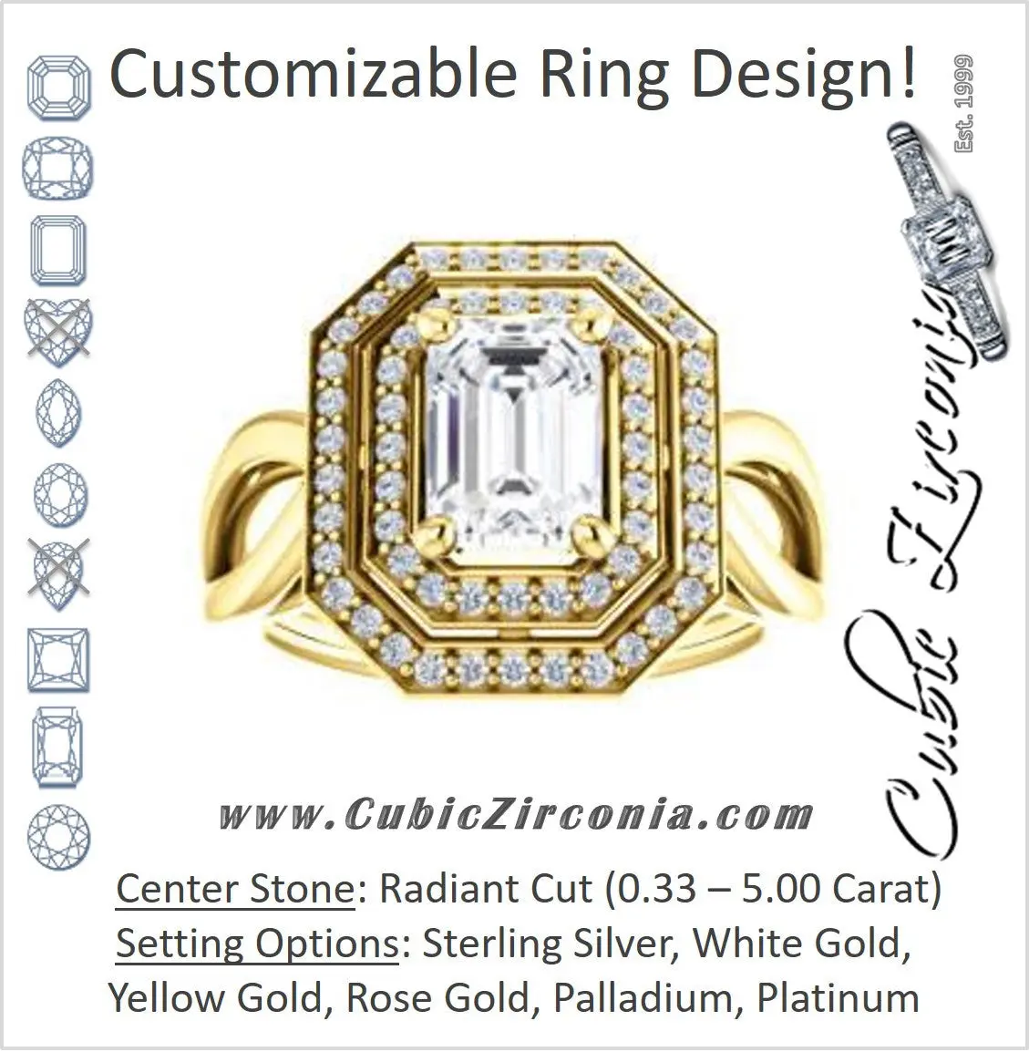 Cubic Zirconia Engagement Ring- The Magda Lesli (Customizable Double-Halo Style Radiant Cut with Curving Split Band)