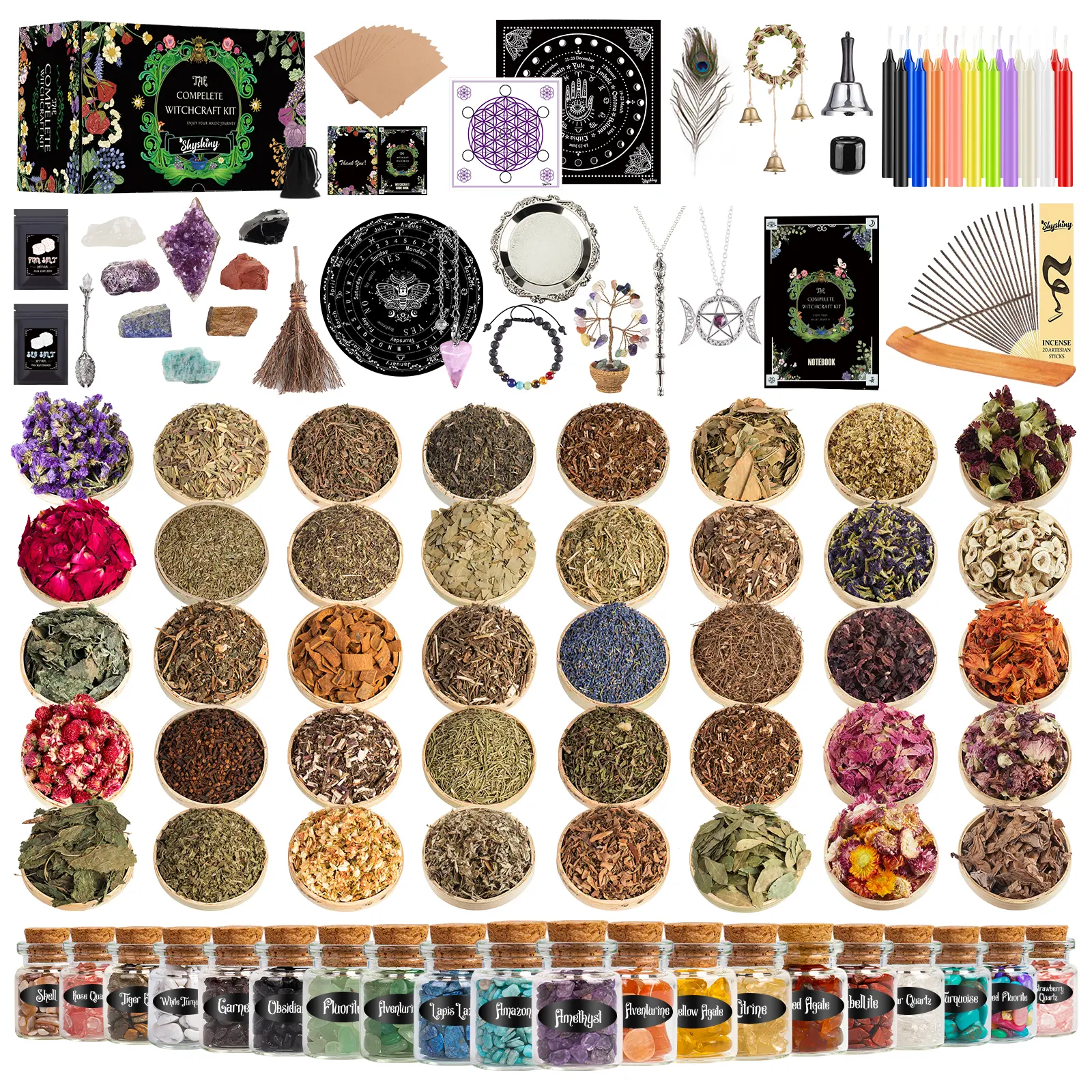 SHYSHINY 150Pack Witchcraft Supplies Kit Wiccan Supplies and Tools Witchy Gifts for Beginners, Dried Herbs, Crystals, Candles, Green Witch Altar Starter Spell