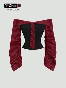 Women's Striped Patchwork Slim Fit Off-Shoulder Fashion Short Shirt Blouse Top Womenswear, Perfect for Daily Commute, Stylish and Comfortable