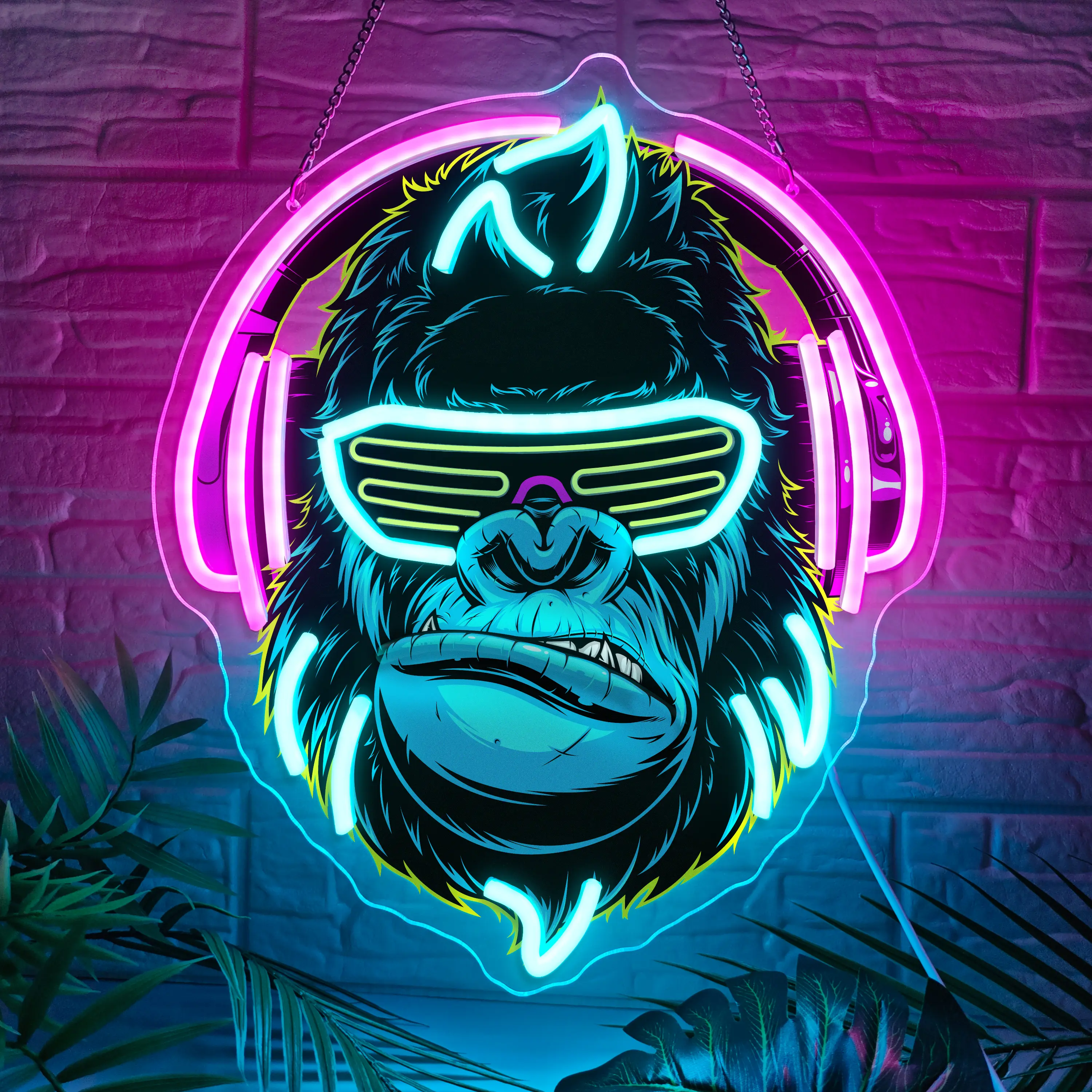Music Gorilla Headphone LED Neon Sign - LED Light Up Decorative Mood Light, Whimsical Home Decor & Room Accessory, Ideal Gift for Gamers & Music Lovers, Perfect for Boys’ Room, Man Cave, Decorative Light