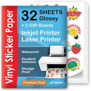 Premium Printable Vinyl Sticker Paper for Inkjet & Laser Printer 32 Self-Adhesive Sheets Glossy White Waterproof, Dries Quickly Vivid Colors, Holds Ink well, Tear Resistant (Glossy)