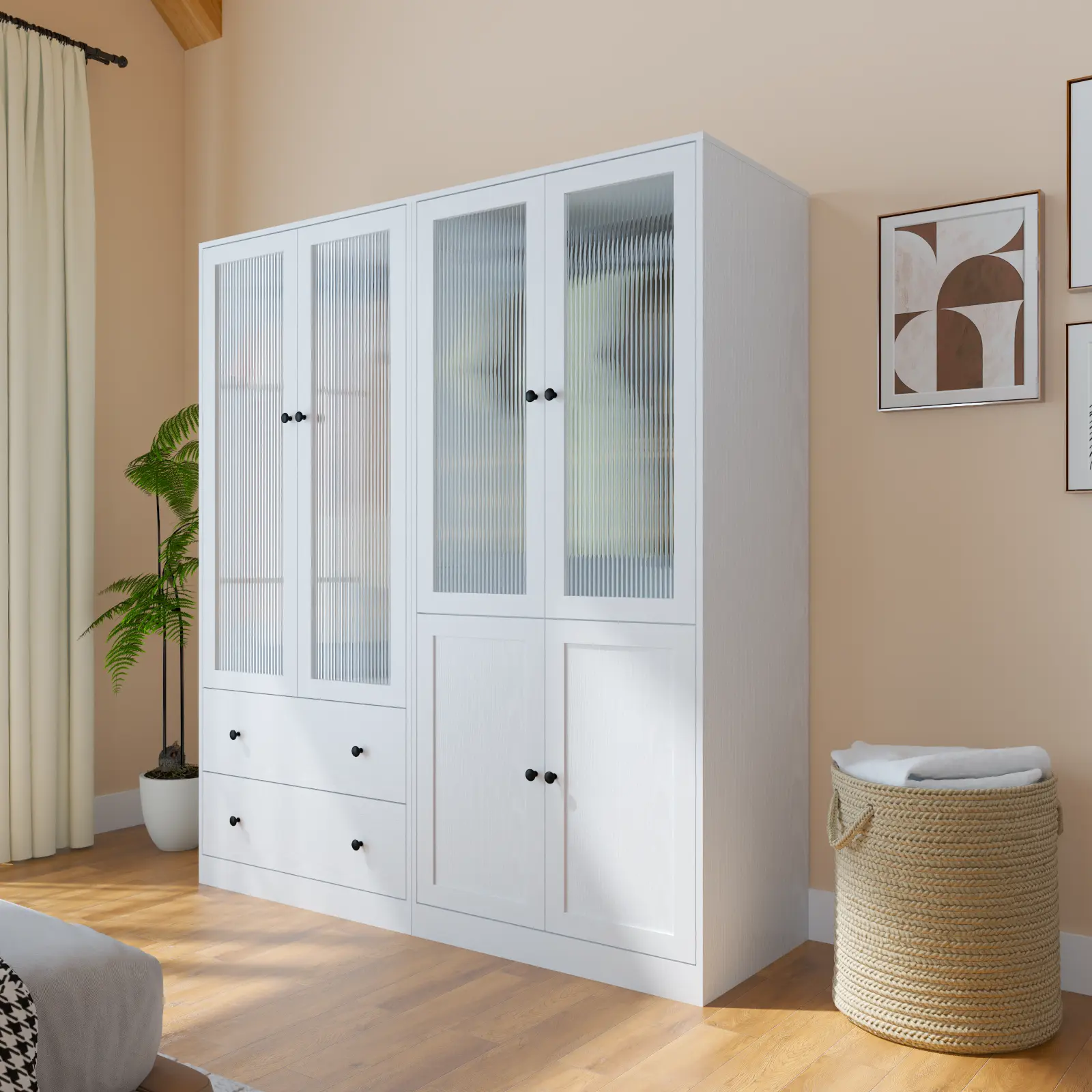 【2 Packages Delivery】VOWNER 71'' White Wardrobe Closet with Fluted Glass Door, 2 Drawer & Shelf, Wood Armoire Storage Cabinet for Bedroom